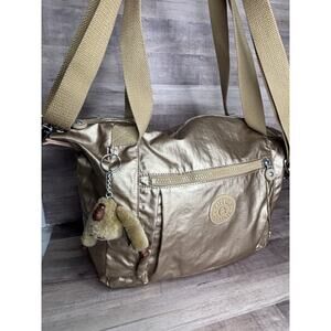 Kipling metallic Gold large shopper,  weekender,gym tote bag With Charm